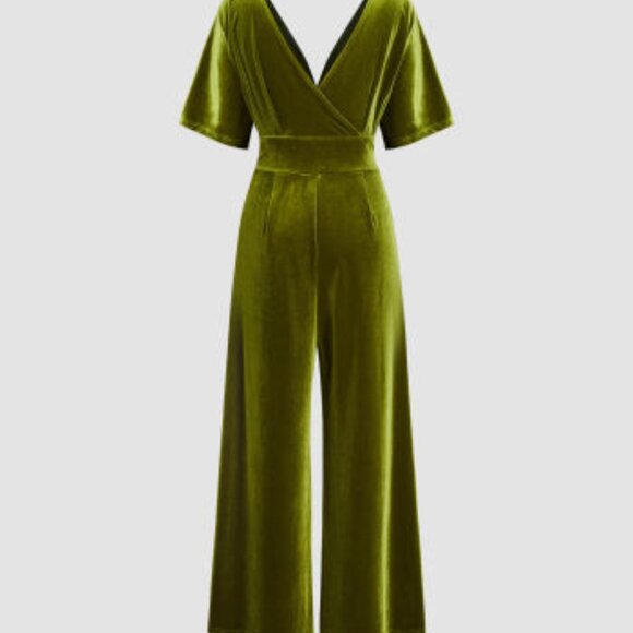 Cider Velvet V-Neck Green Solid Ruffle Wide Leg Jumpsuit M - Picture 3 of 9